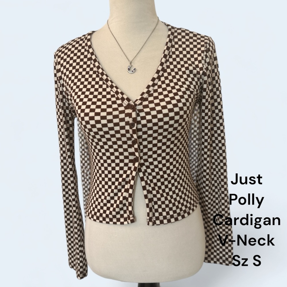 *Just Polly* Brown / White Checkered Cardigan V-Neck Button Up Sz S